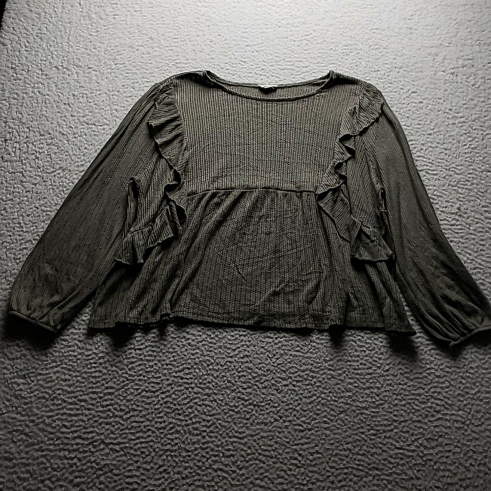 Como Blu Blouse Womens Plus 1X Green Round Neck Long Sleeve Ruffle Knit Top